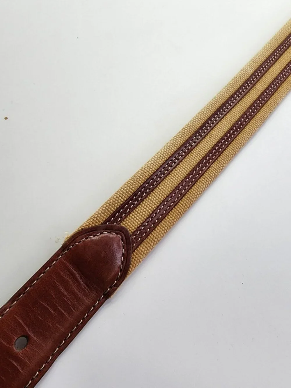 Lands End Men's Belt Size 42 Tan Canvas Webbing Brown Leather Trim Silver Buckle
